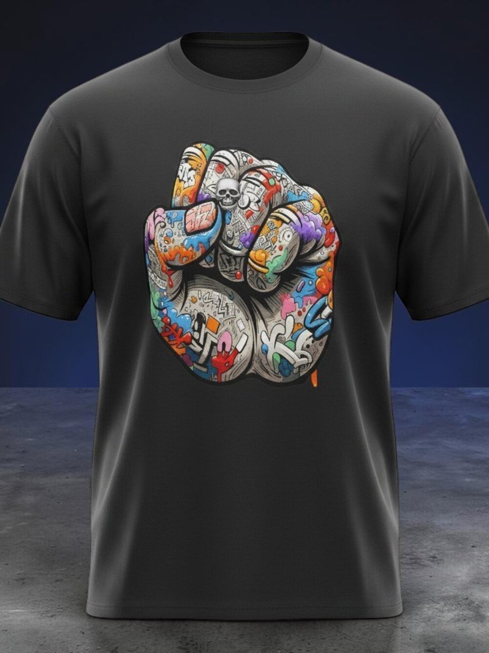 Men's Graphic Print T-shirt - "Power Fist" - Black - Size L